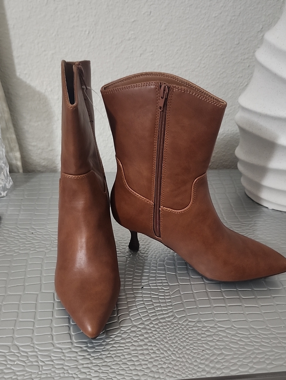 MIA Tan Pointed-Toe Mid-Heel Ankle Boots with Side Zip
